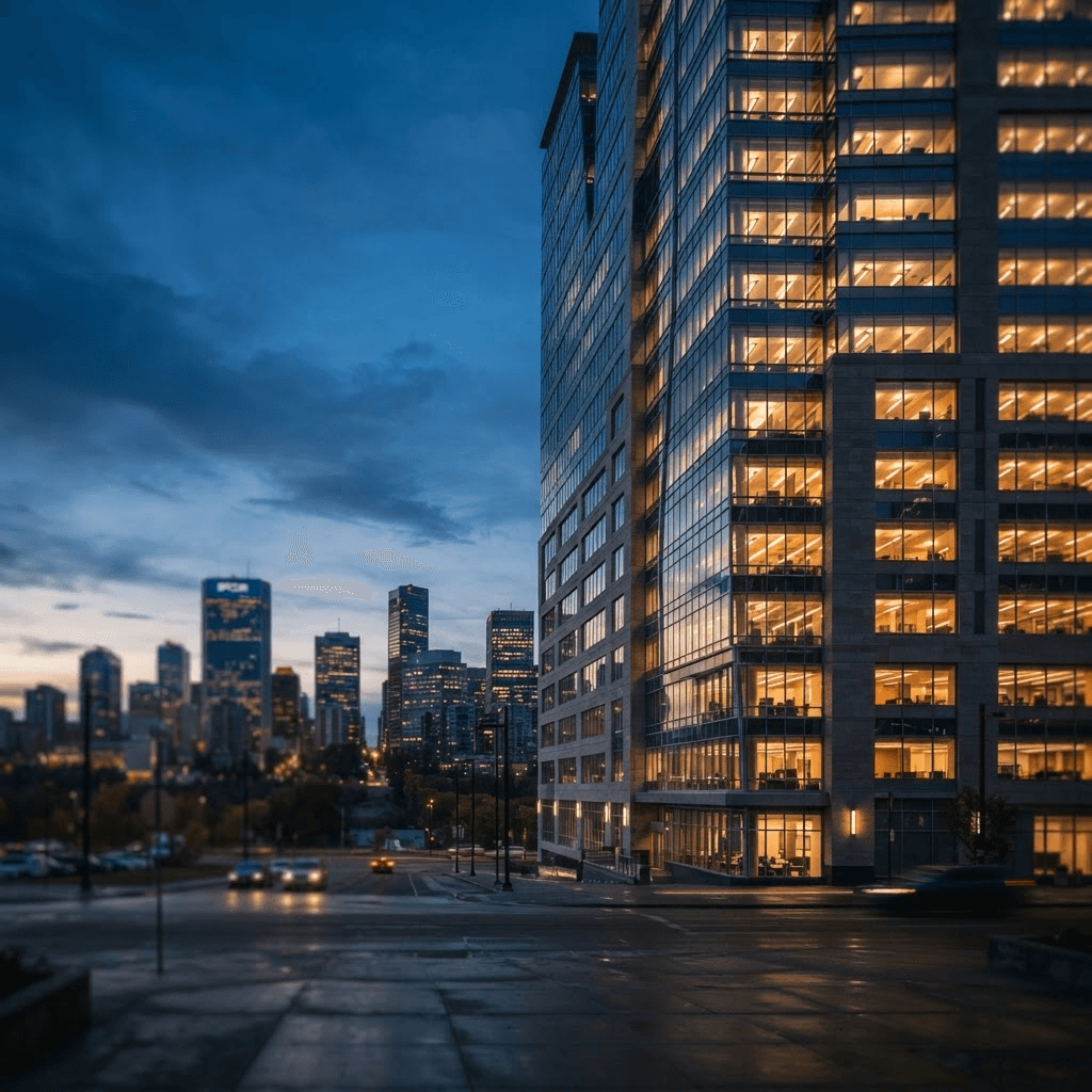 Juriscorp Law's Edmonton office tower at dusk